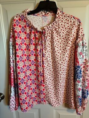 Patchwork Floral Print Peasant Blouse in Red, Pink, Blue